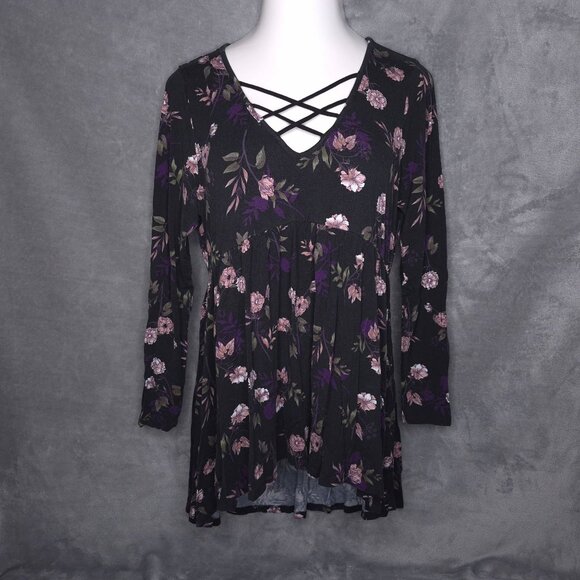Torrid Floral Tunic Top 12 (0) Crisscross V-Neck Long Sleeve Blouse Empire Waist - Picture 2 of 5